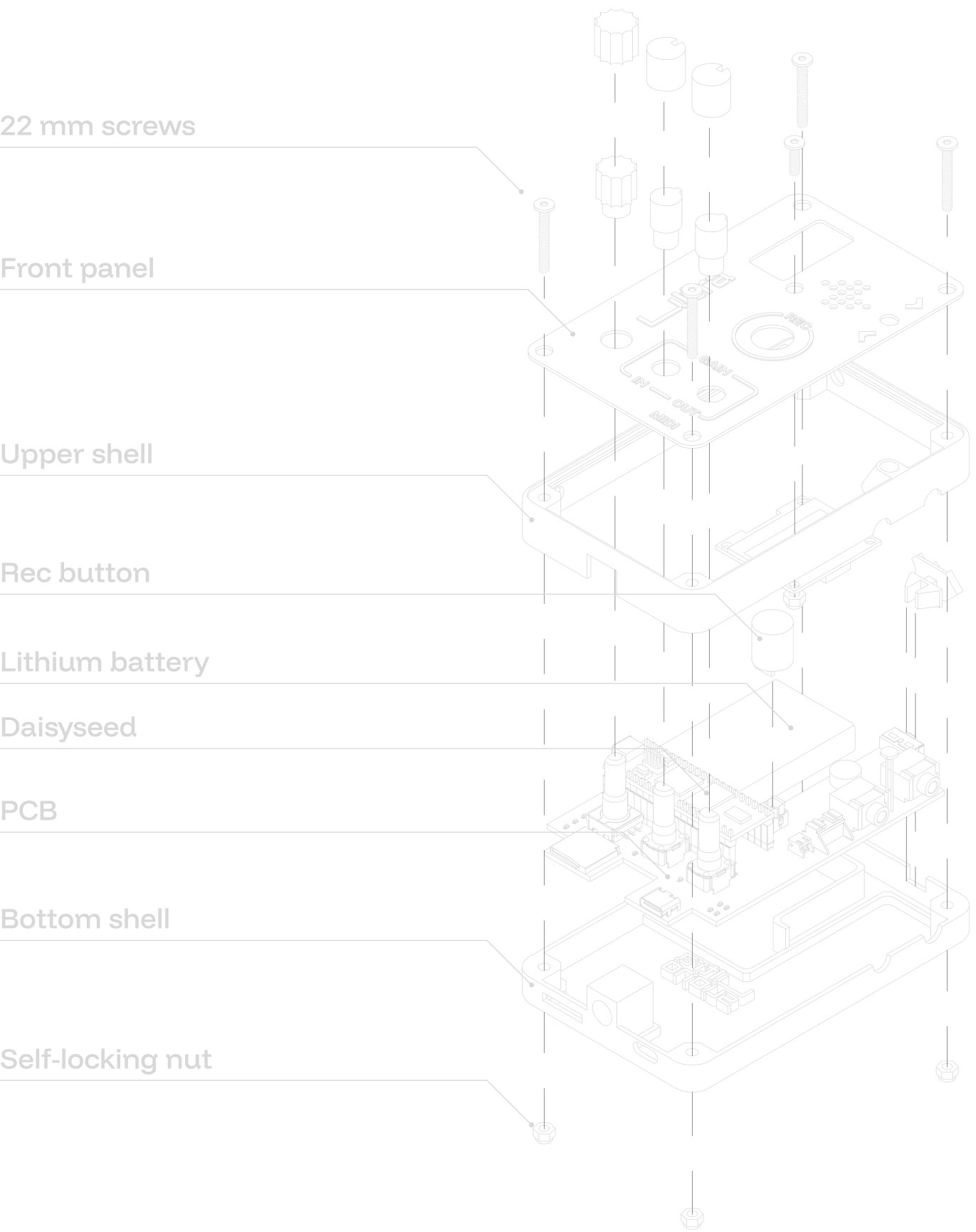 exploded isometric view of Ultrasuono showing all internal components
